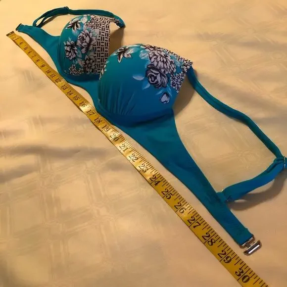 Turquoise Padded Bikini Top White Flowers US 12/13 - Picture 7 of 16